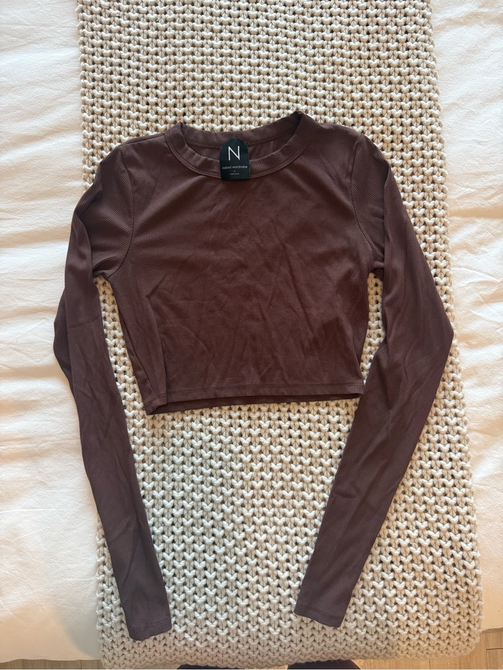 Naked Wardrobe Ribbed Long-Sleeve Crop Top — Chocolate Brown